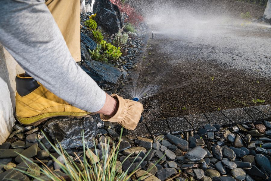 hand reaches down to adjust sprinkler spraying