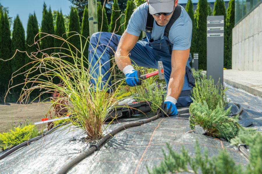 landscaper nails down drip line in flower bed under construction