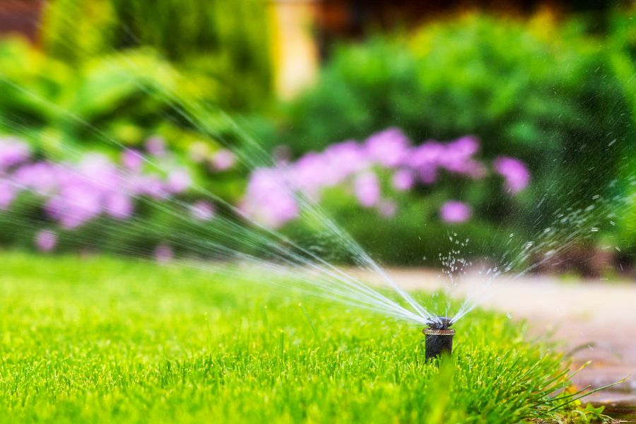 sprinkler waters grass beside flower bed